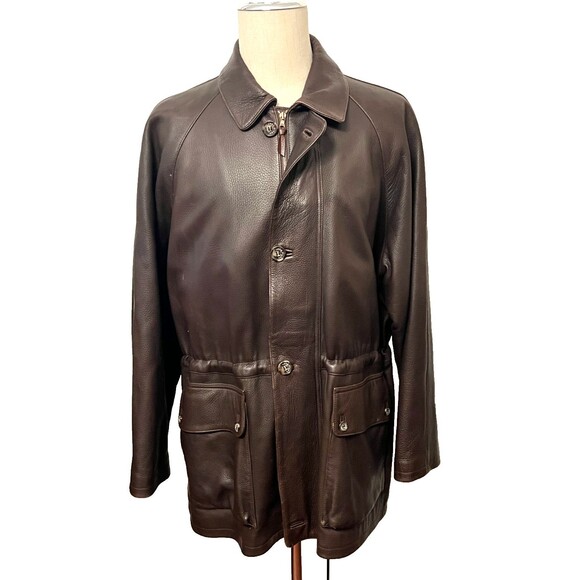 LORO PIANA Leather Car Coat 100% Cashmere Lined Horsey Jacket Men's Large Brown - Picture 1 of 16